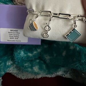 Bookworm Bliss Silver-Plated Charm Bracelet with Teal Book Charm Bomb party